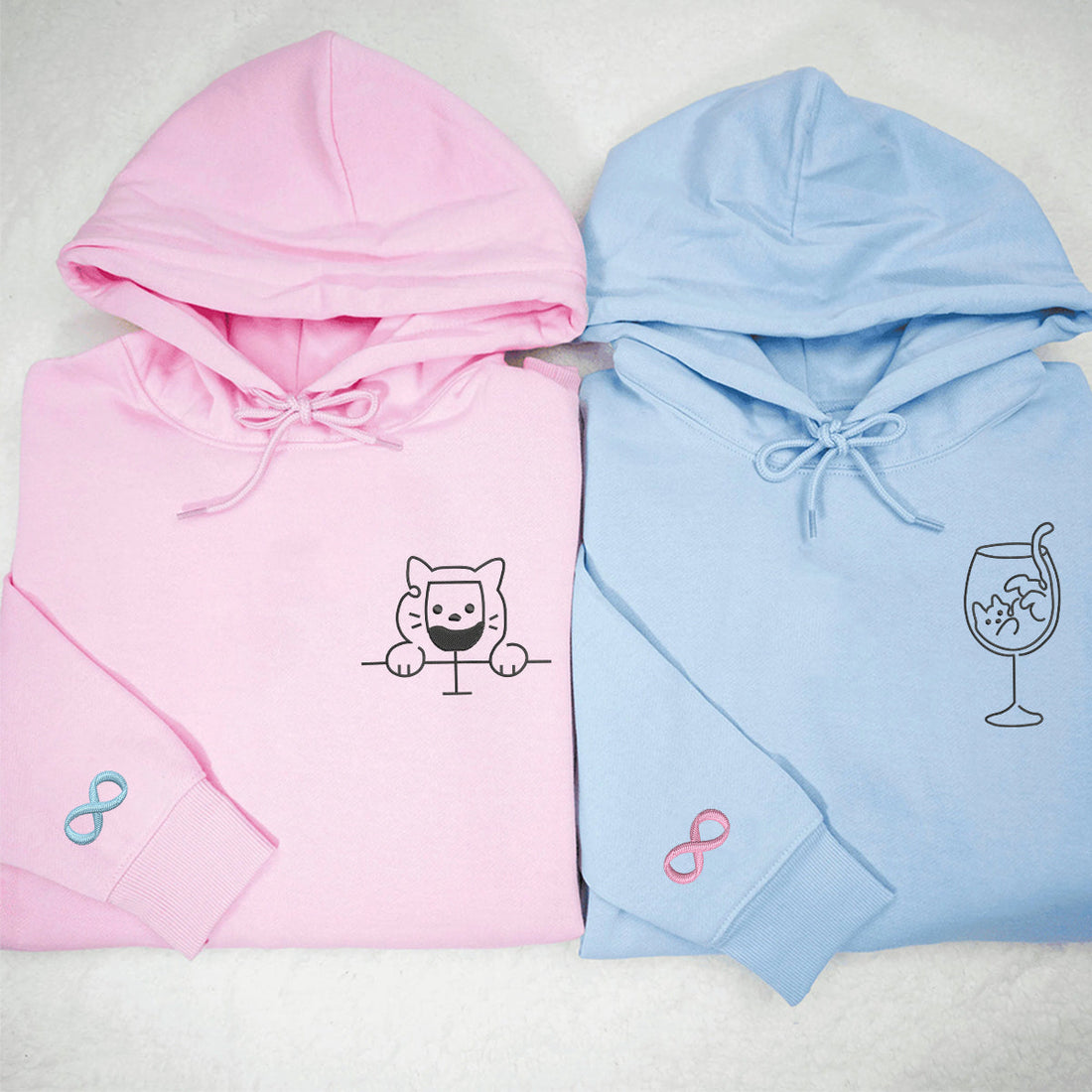 Custom Embroidered Cat Drinking Glasses Matching Hoodies for Couples