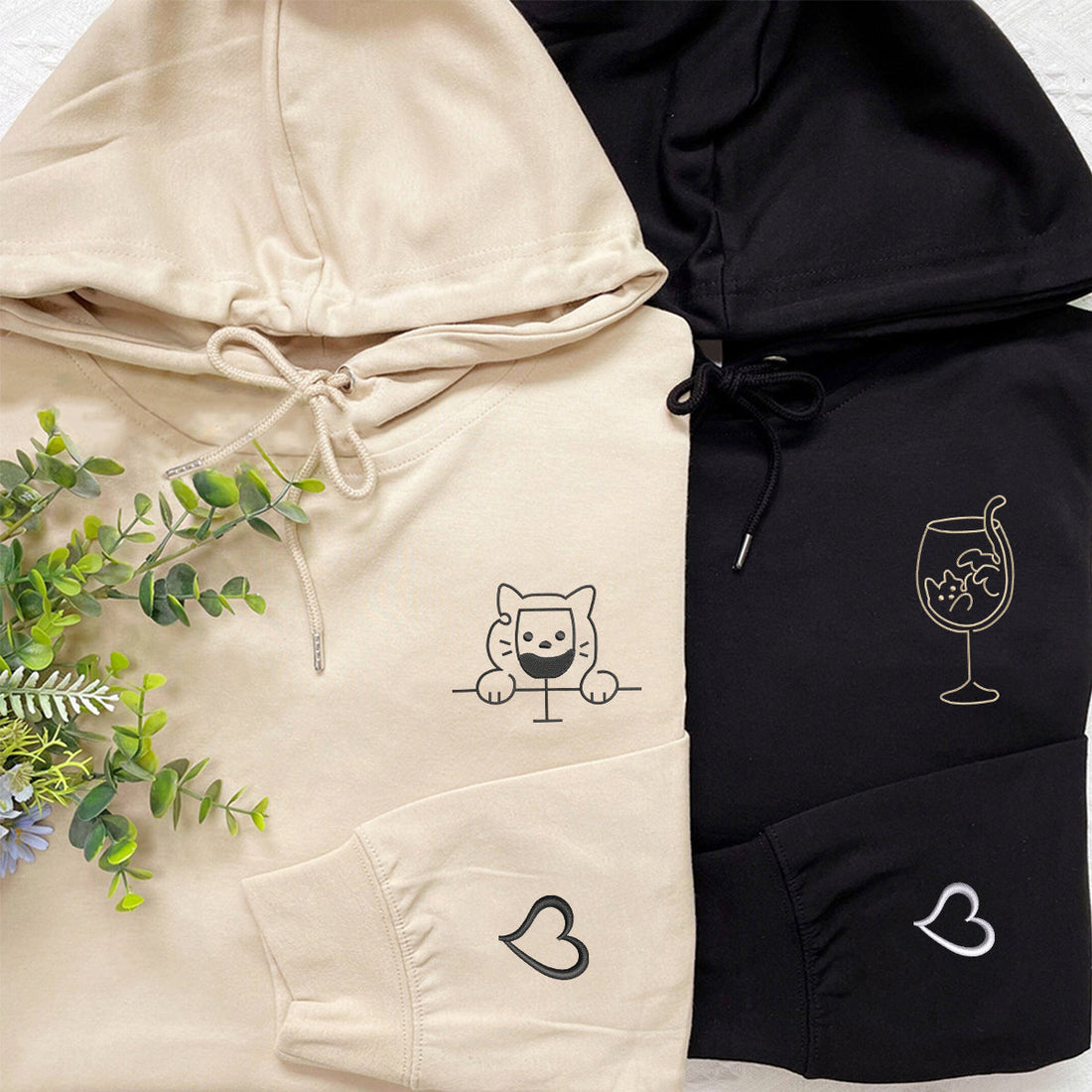 Custom Embroidered Cat Drinking Glasses Matching Hoodies for Couples