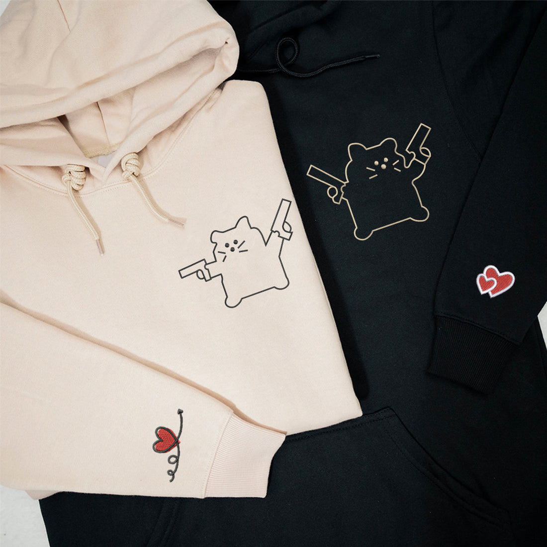 Custom Embroidered Cat with Gun Matching Hoodies for Couples