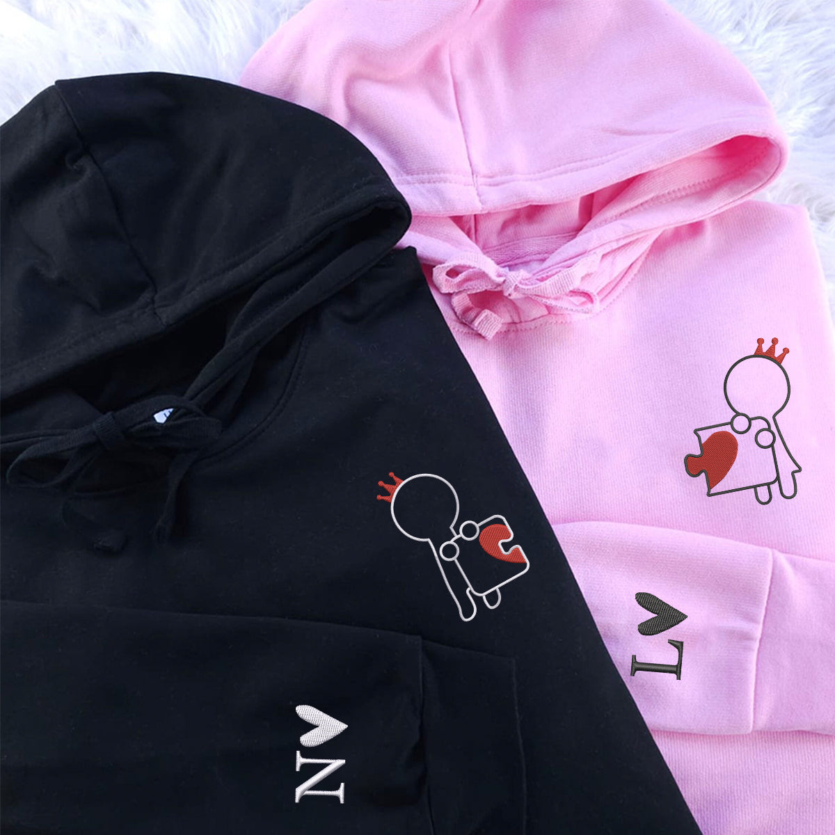 Custom Embroidered King and Queen Puzzle Love Matching Hoodies for Couples