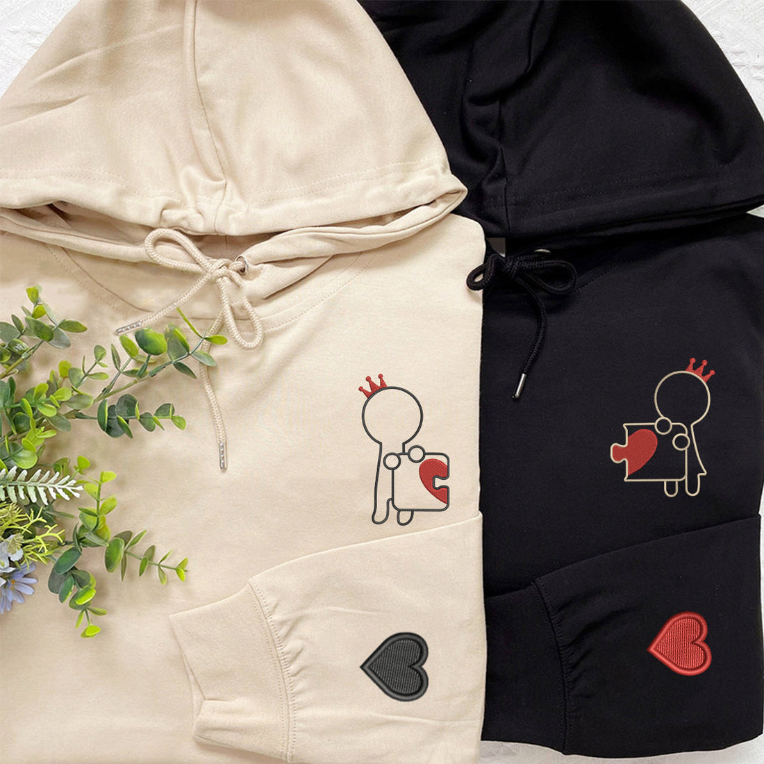 Custom Embroidered King and Queen Puzzle Love Matching Hoodies for Couples