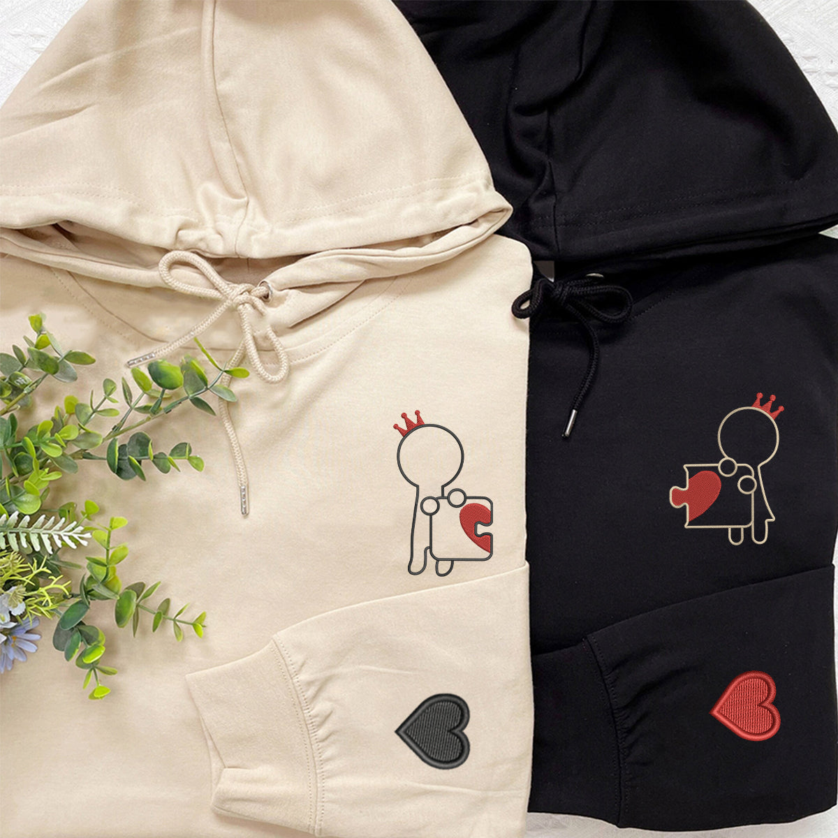 Custom Embroidered King and Queen Puzzle Love Matching Hoodies for Couples