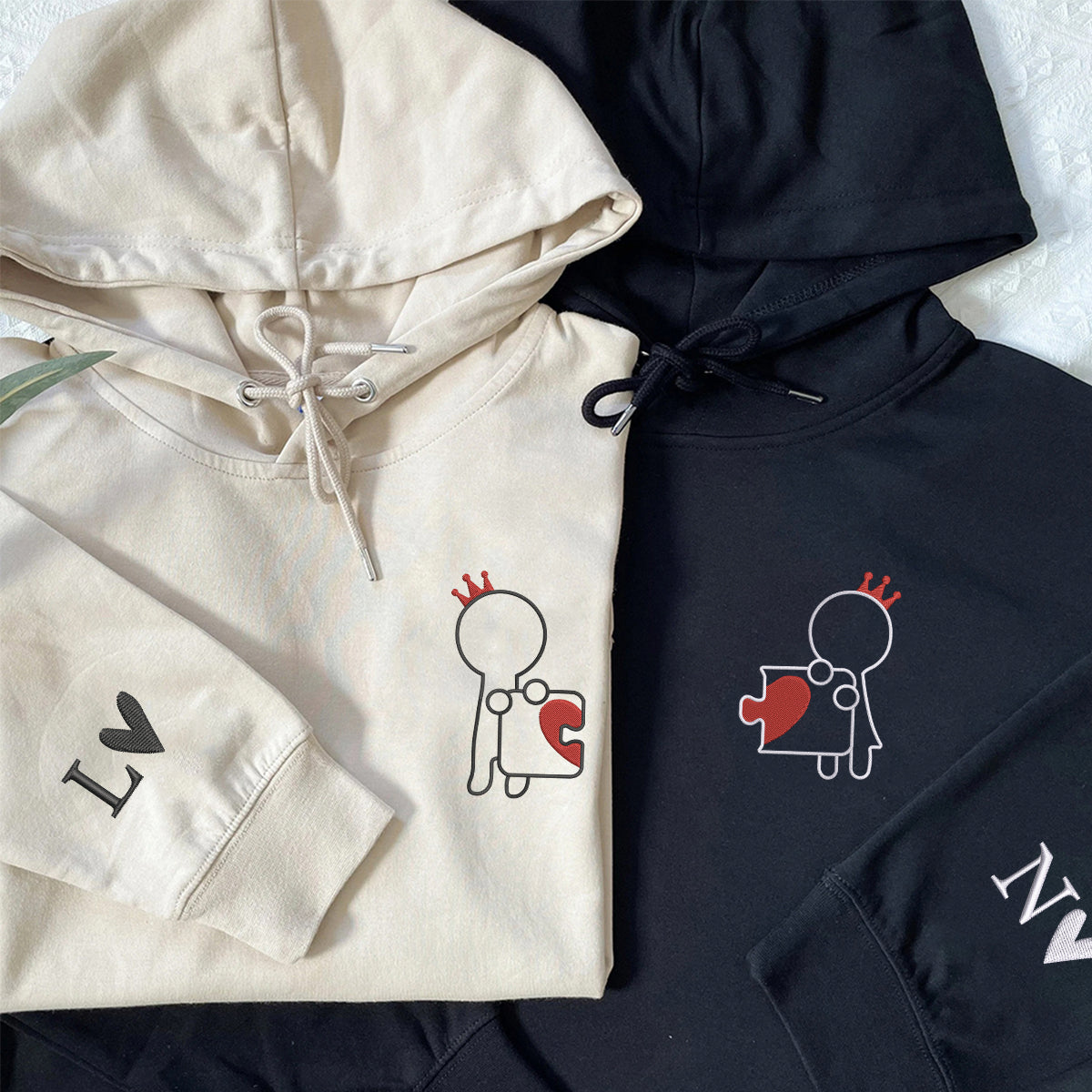 Custom Embroidered King and Queen Puzzle Love Matching Hoodies for Couples