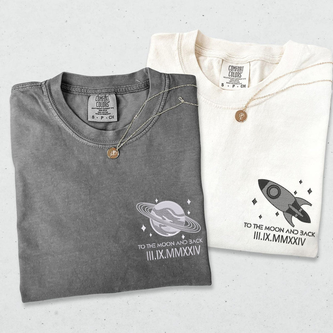 Custom Embroidered The Moon and Back Roman Numeral Matching T-shirts for Couples
