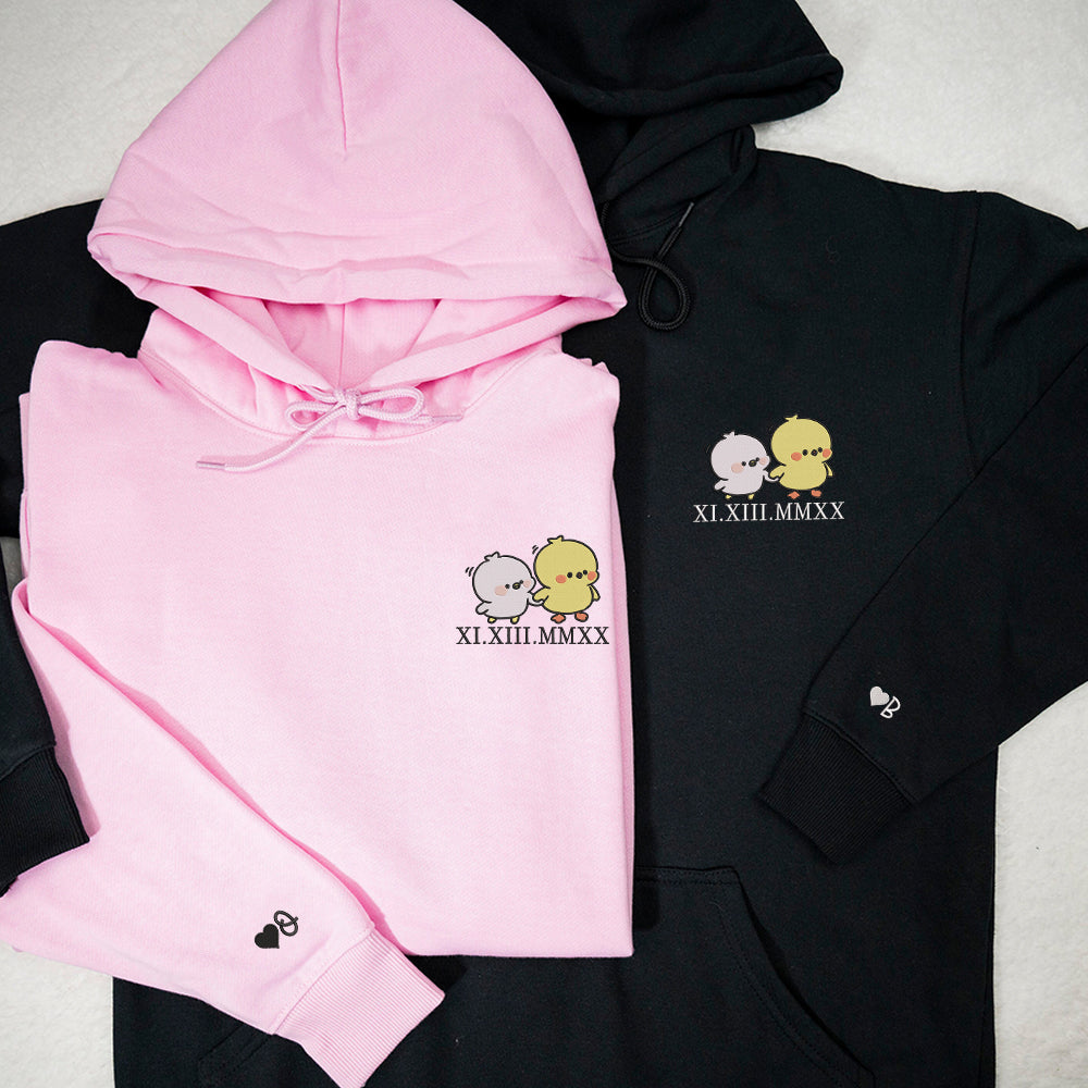 Cute Cartoon Chick Custom Roman Numeral Matching Embroidered Hoodies For Couples