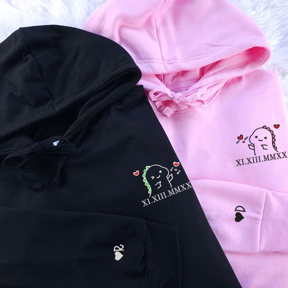 Cute Dino Couple Custom Roman Numeral Matching Embroidered Hoodies For Couples