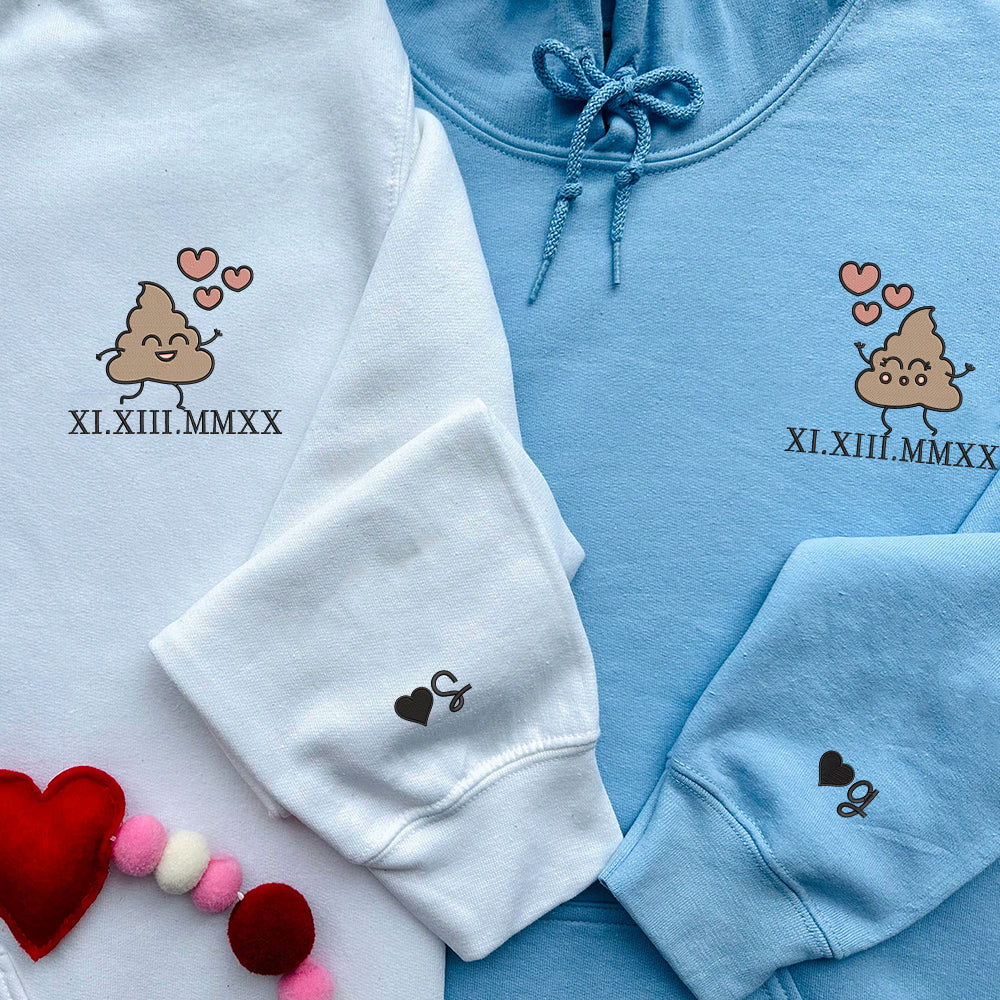 Cute Shit Cartoon Custom Roman Numeral Matching Embroidered Hoodies For Couples