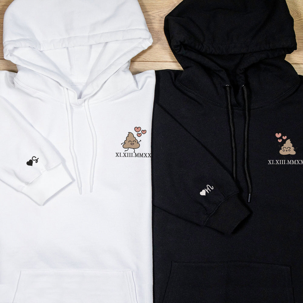 Cute Shit Cartoon Custom Roman Numeral Matching Embroidered Hoodies For Couples