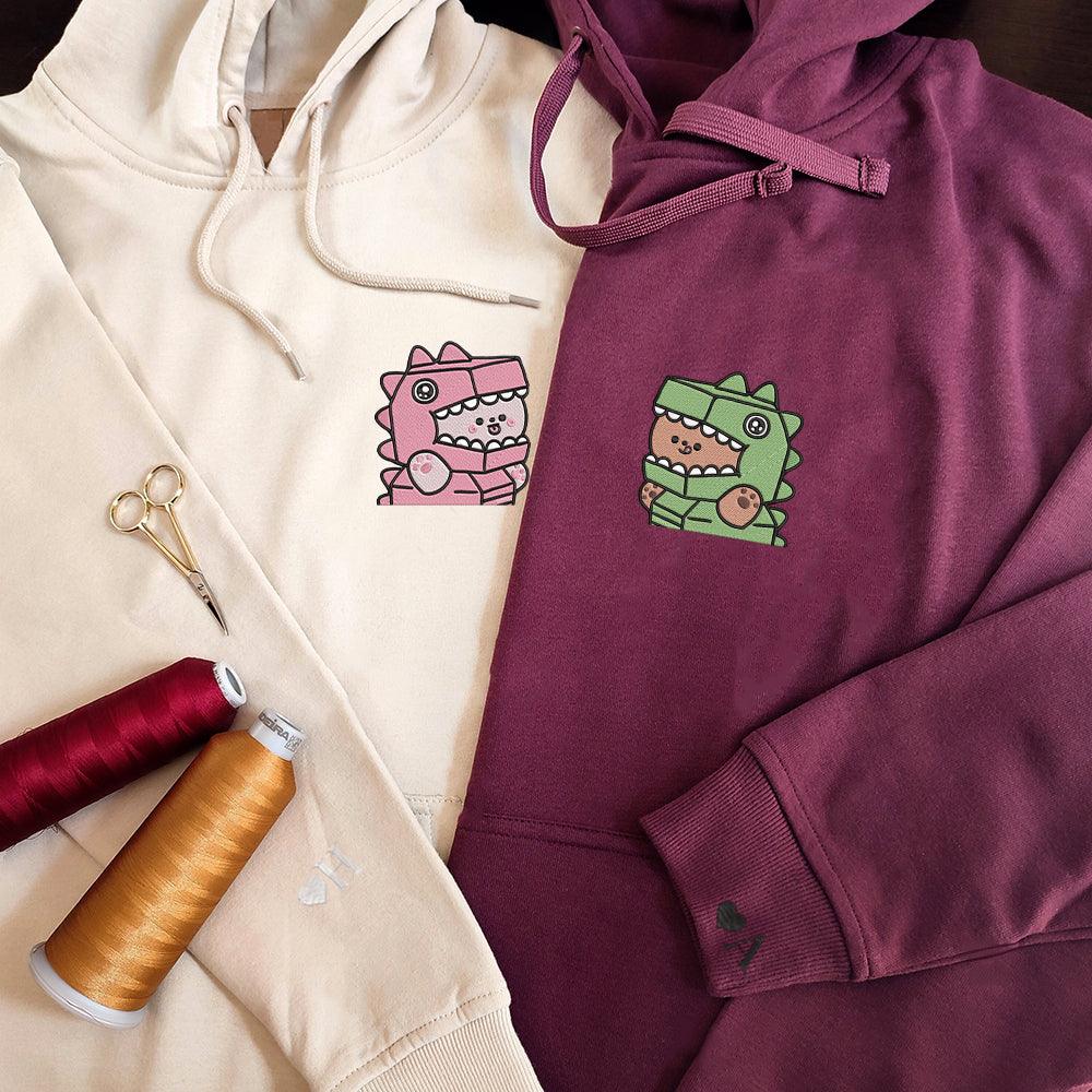 Cute T-Rex Costume Custom Embroidered Matching Hoodies For Couples