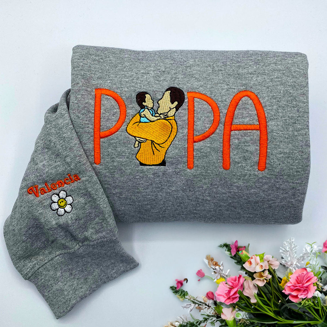 Papa Sweatshirt or Hoodie with Embroidered Dad Photo Portrait, Kids Names on Sleeve