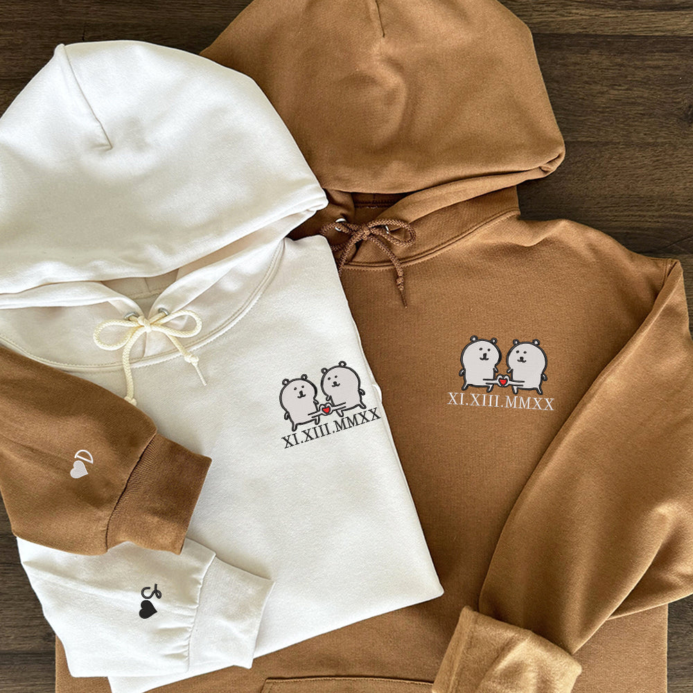 Funny White Bear Couple Custom Roman Numeral Matching Embroidered Hoodies For Couples