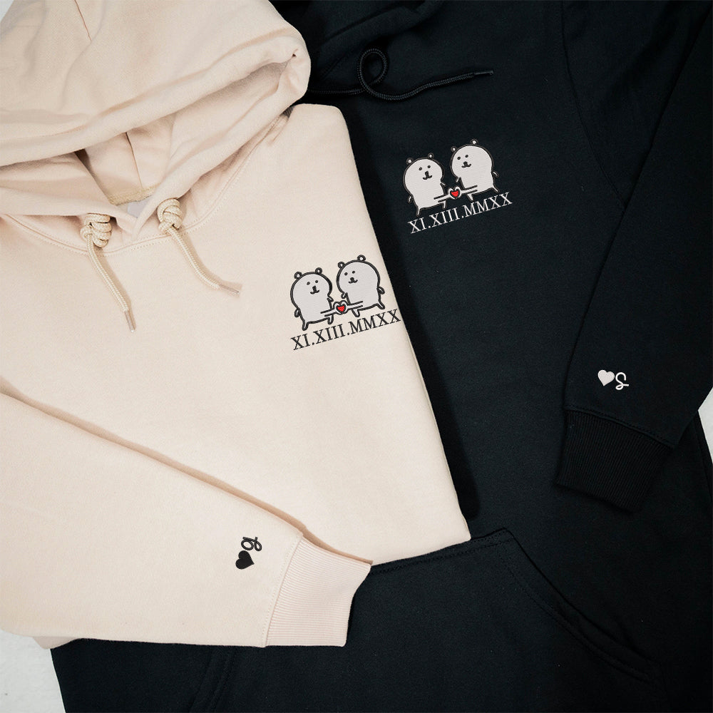 Funny White Bear Couple Custom Roman Numeral Matching Embroidered Hoodies For Couples