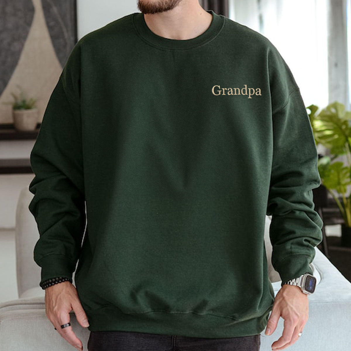 Custom Embroidered Grandpa Sweatshirt with GrandKids Names on Sleeve