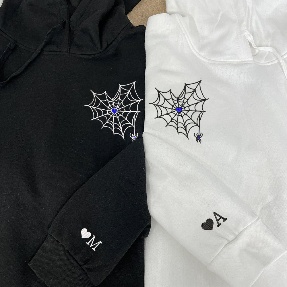 Heart Spider Web Custom Embroidered Matching Hoodies For Couples