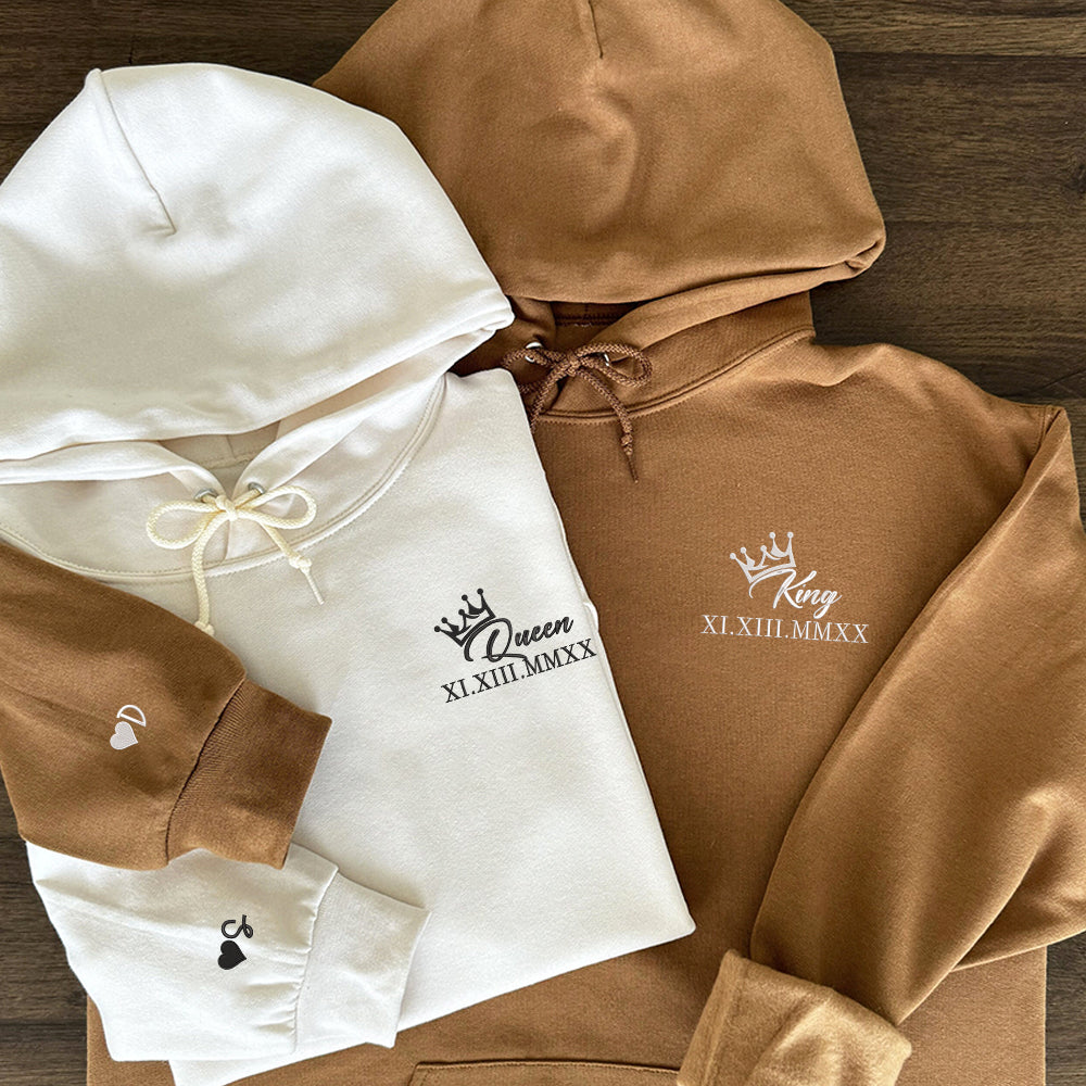 King x Queen Crown Custom Roman Numeral Matching Embroidered Hoodies For Couples